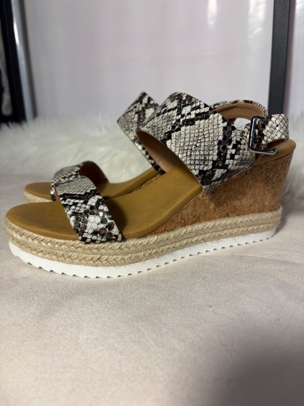 Dolce Vita Snake-Print Cork Espadrille Wedges in Black and Cream